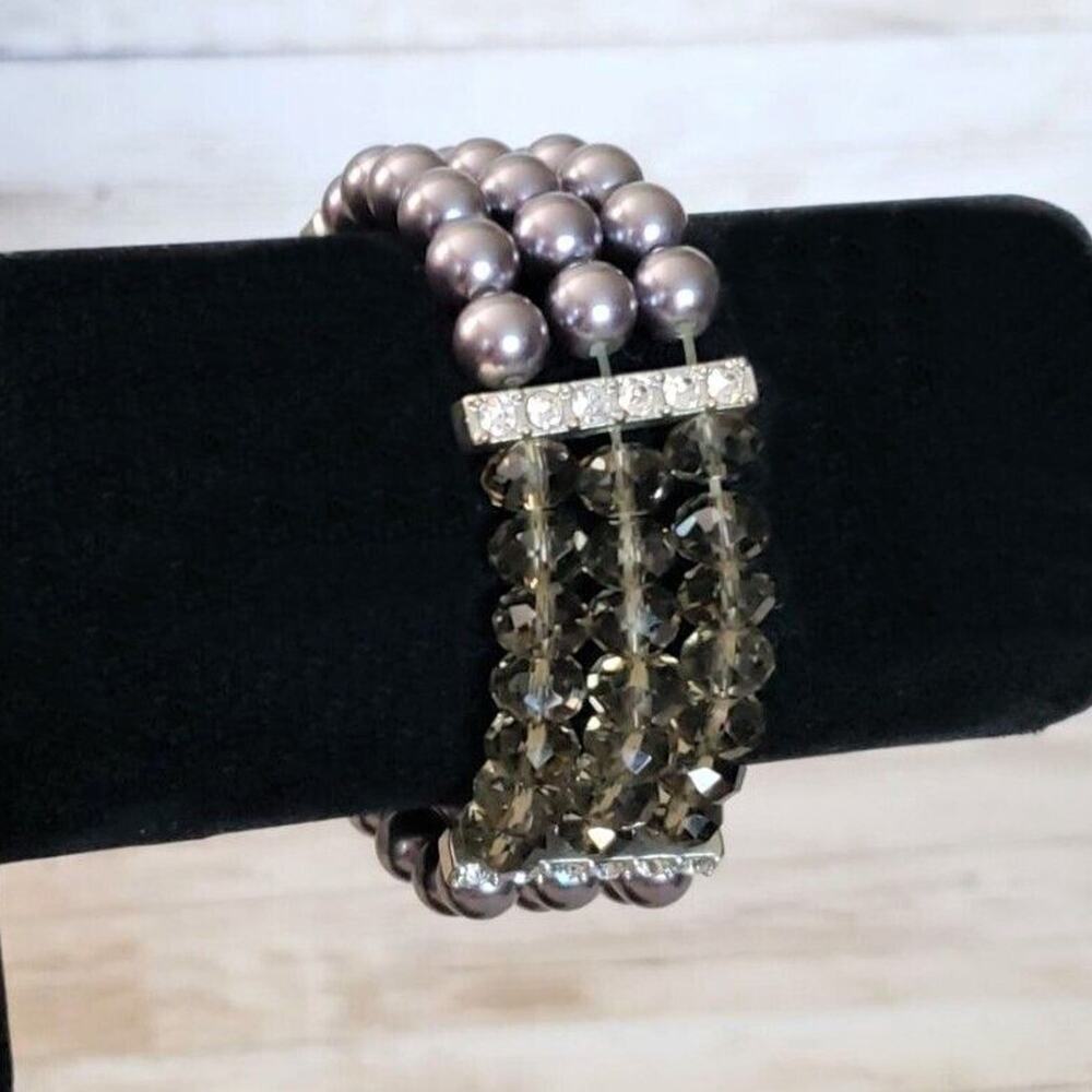 Vintage Bracelet Bluey Silver Faux Pearls & Smokey Tone Beads Stretch Bracelet